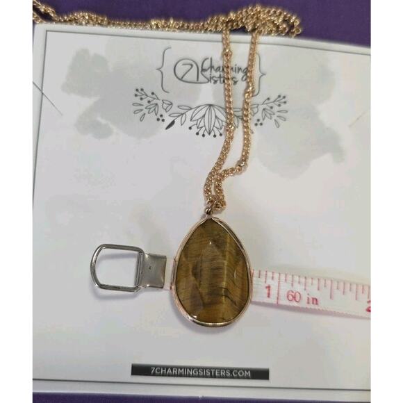 Tiger's Eye Teardrop Pendant Necklace On Gold Tone Satellite Station Chain - Picture 6 of 8